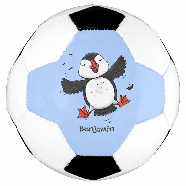 Cute happy flying puffin blue cartoon illustration soccer ball (Front)