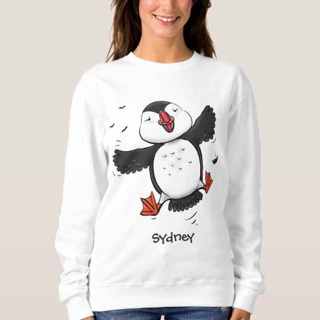 Cute happy flying puffin blue cartoon illustration sweatshirt (Front)