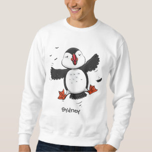 Cute happy flying puffin blue cartoon illustration sweatshirt