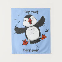 Cute happy flying puffin blue cartoon illustration