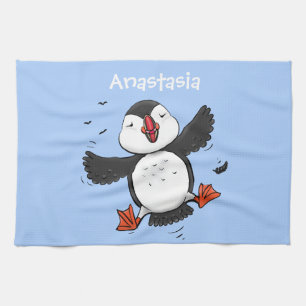 Cute happy flying puffin blue cartoon illustration tea towel