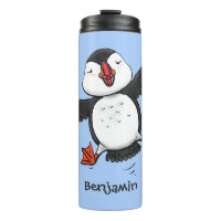 Cute happy flying puffin blue cartoon illustration