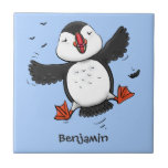 Cute happy flying puffin blue cartoon illustration tile<br><div class="desc">This design features a cute,  happy puffin on a blue background in adorable cartoon illustration style. Lots of puffin fun!</div>