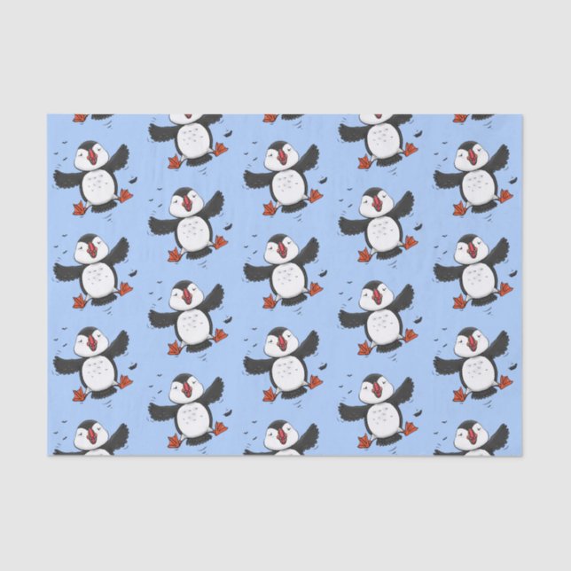Cute happy flying puffin blue cartoon illustration tissue paper (Front)