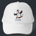 Cute happy flying puffin blue cartoon illustration trucker hat<br><div class="desc">This design features a cute,  happy puffin in adorable cartoon illustration style. Lots of puffin fun!</div>