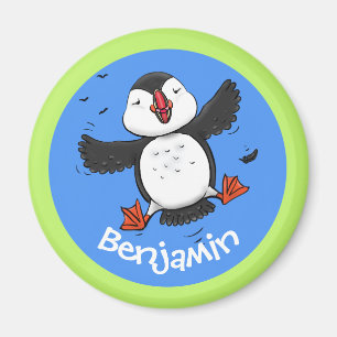 Cute happy flying puffin cartoon illustration magnet