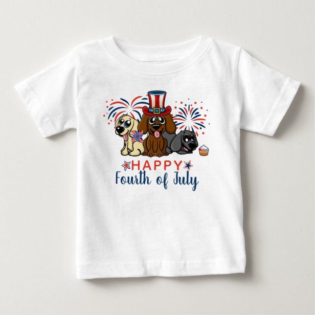 Cute Happy Fourth of July Dogs Fireworks Patriotic Baby T-Shirt (Front)