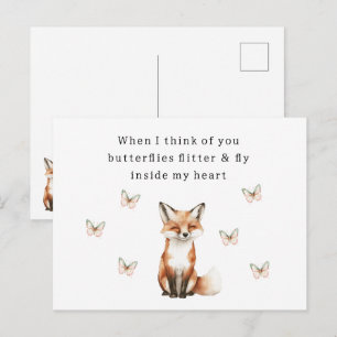 Cute Happy Fox Think of You Butterflies Love Postcard