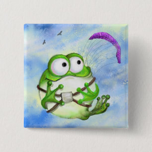 Cute Happy Funny Frog Paraglider - Cartoon Drawing 15 Cm Square Badge