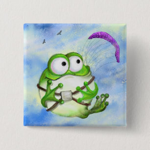 Cute Happy Funny Frog Paraglider - Cartoon Drawing 15 Cm Square Badge