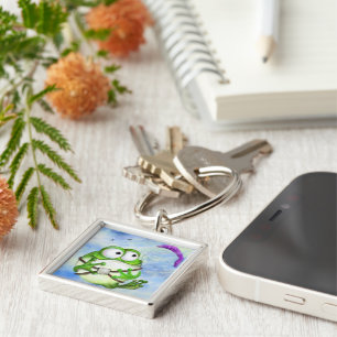 Cute Happy Funny Frog Paraglider - Cartoon Drawing Key Ring