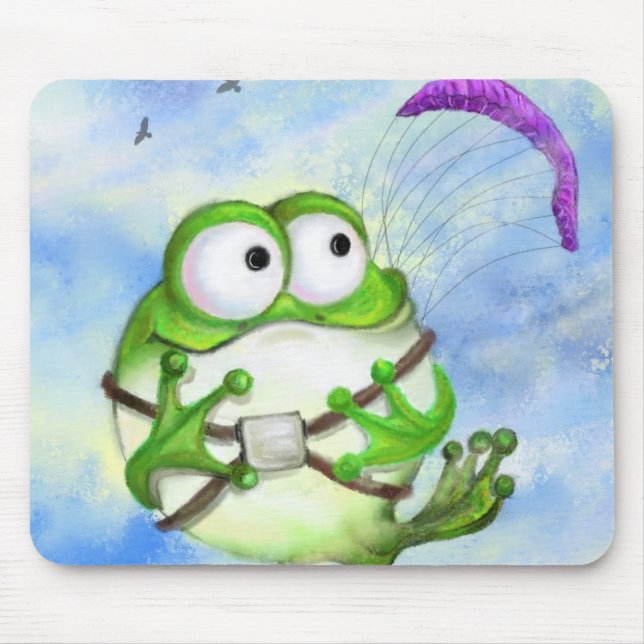 Cute Happy Funny Frog Paraglider - Cartoon Drawing Mouse Pad (Front)