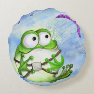 Cute Happy Funny Frog Paraglider - Cartoon Drawing Round Cushion