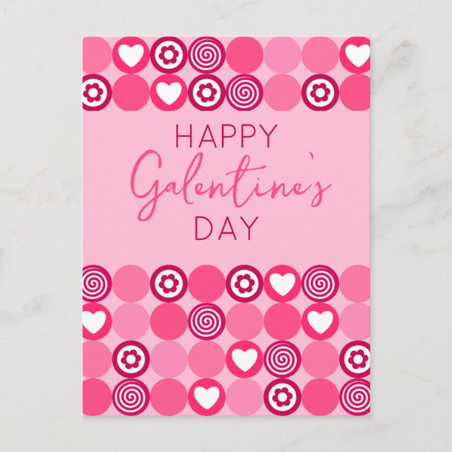 Cute Happy Galentine’s Day Pink Heart and Flower  Postcard (Front)