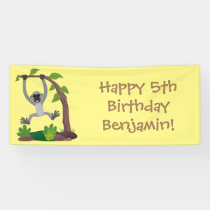 Cute happy gibbon ape cartoon illustration banner