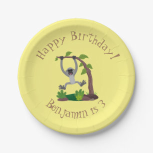Cute happy gibbon ape cartoon illustration paper plate
