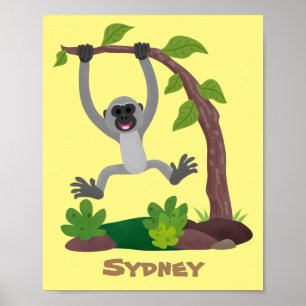 Cute happy gibbon ape cartoon illustration poster