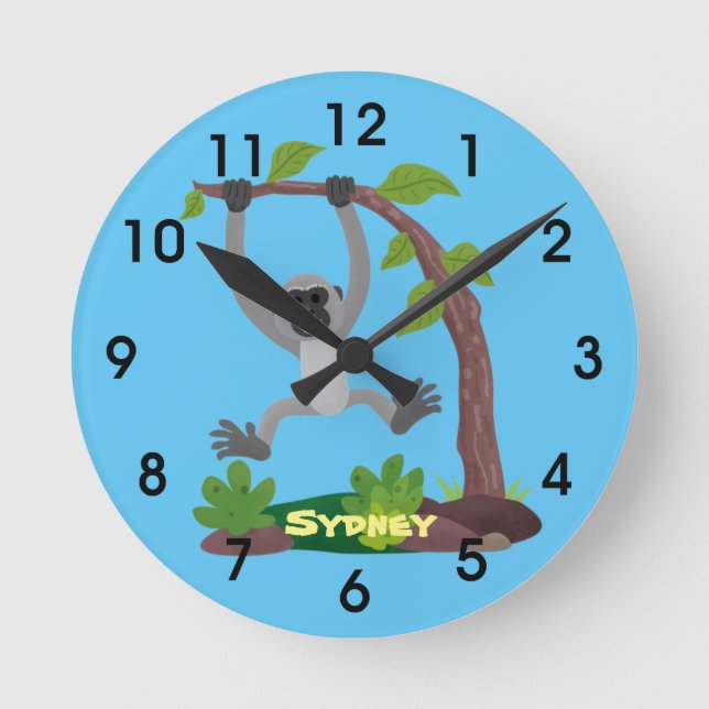 Cute happy gibbon ape cartoon illustration round c clock (Front)