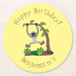 Cute happy gibbon ape cartoon illustration round paper coaster
