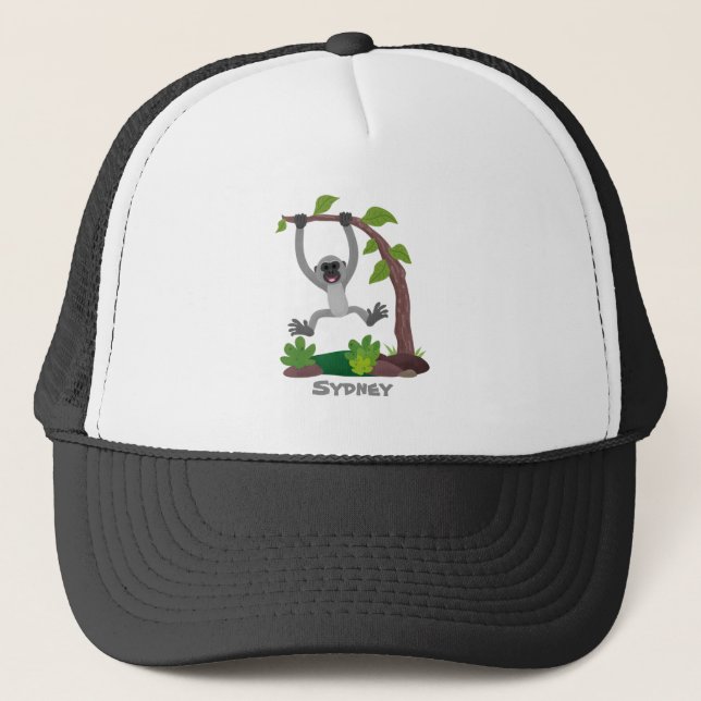 Cute happy gibbon ape cartoon illustration trucker hat (Front)