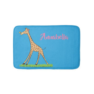 Cute happy giraffe with butterfly cartoon bath mat