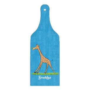 Cute happy giraffe with butterfly cartoon cutting board