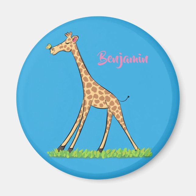 Cute happy giraffe with butterfly cartoon magnet (Front)