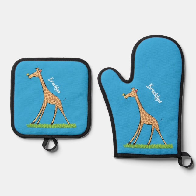 Cute happy giraffe with butterfly cartoon oven mitt & pot holder set (Front)