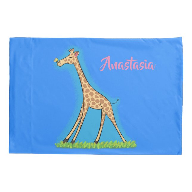 Cute happy giraffe with butterfly cartoon pillowcase (Back)