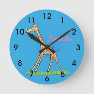 Cute happy giraffe with butterfly cartoon round clock