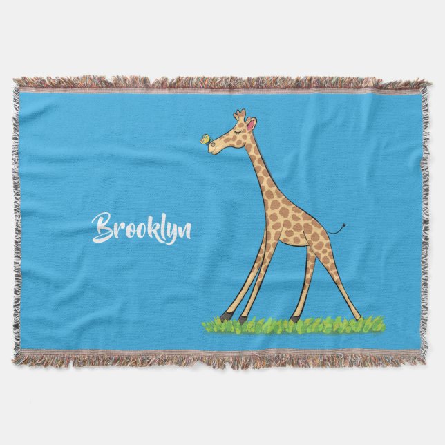 Cute happy giraffe with butterfly cartoon throw blanket (Front)