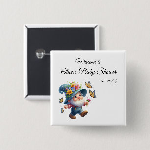 Cute Happy Gnome with Butterfly Baby Shower Button