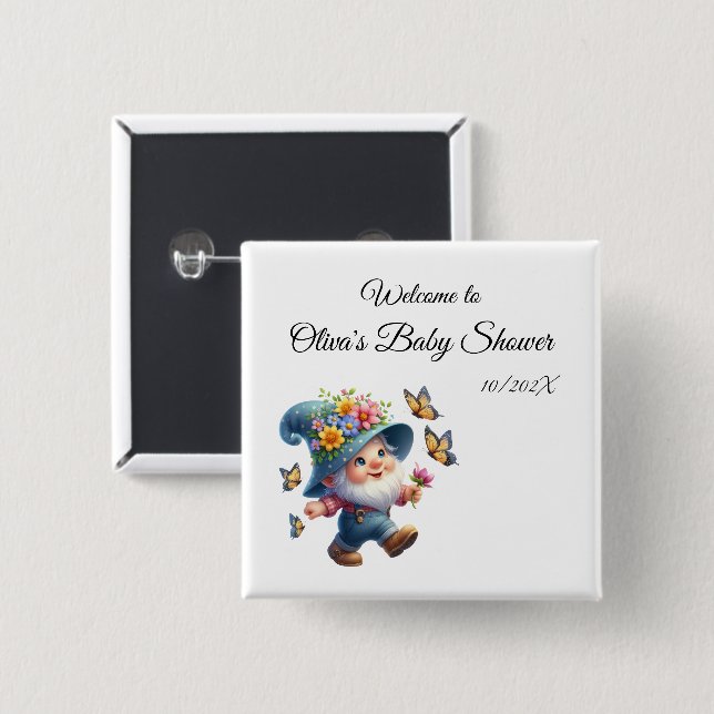 Cute Happy Gnome with Butterfly Baby Shower Button (Front & Back)