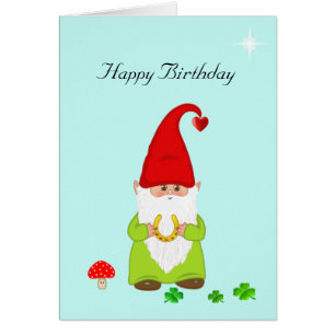 Cute Happy Gnome with Horseshoe Birthday