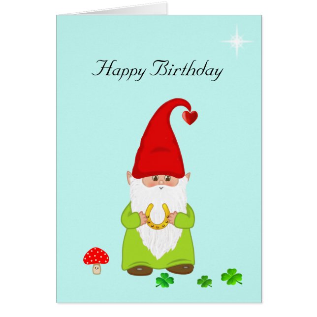 Cute Happy Gnome with Horseshoe Birthday (Front)