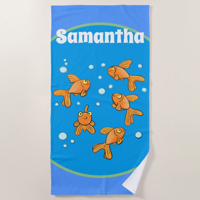 Cute happy goldfish with bubbles cartoon pattern beach towel (Front)