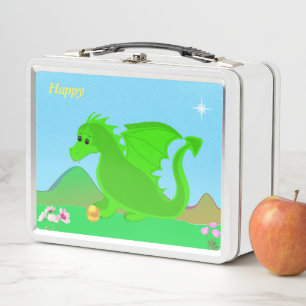 Cute happy green baby dragon, flowers & star metal lunch box