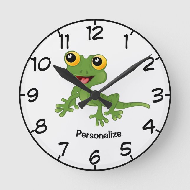 Cute & Happy Green Baby Gecko Cartoon Personalise Round Clock (Front)