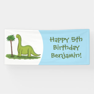 Cute happy green brontosaurus dinosaur cartoon banner