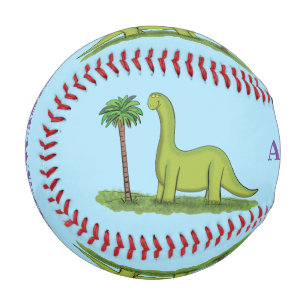 Cute happy green brontosaurus dinosaur cartoon baseball