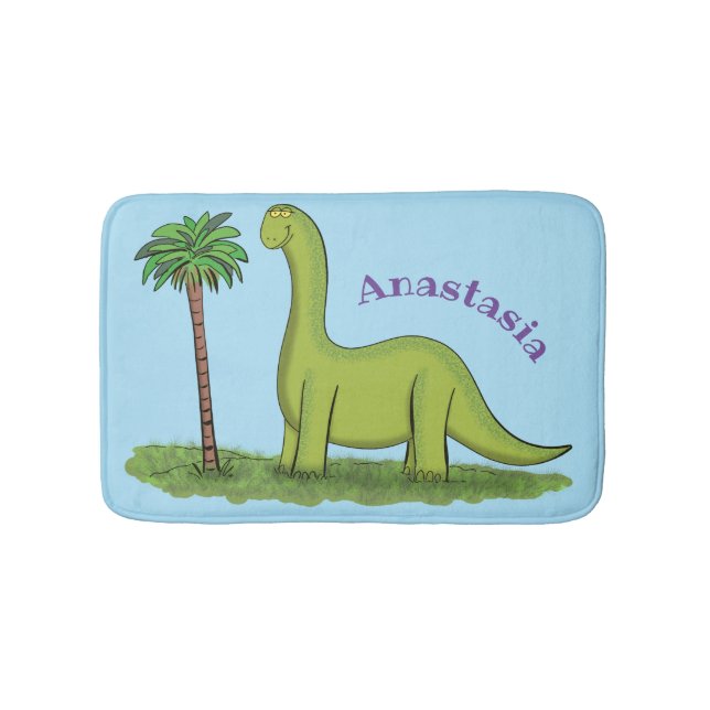 Cute happy green brontosaurus dinosaur cartoon bath mat (Front)