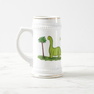 Cute happy green brontosaurus dinosaur cartoon beer stein