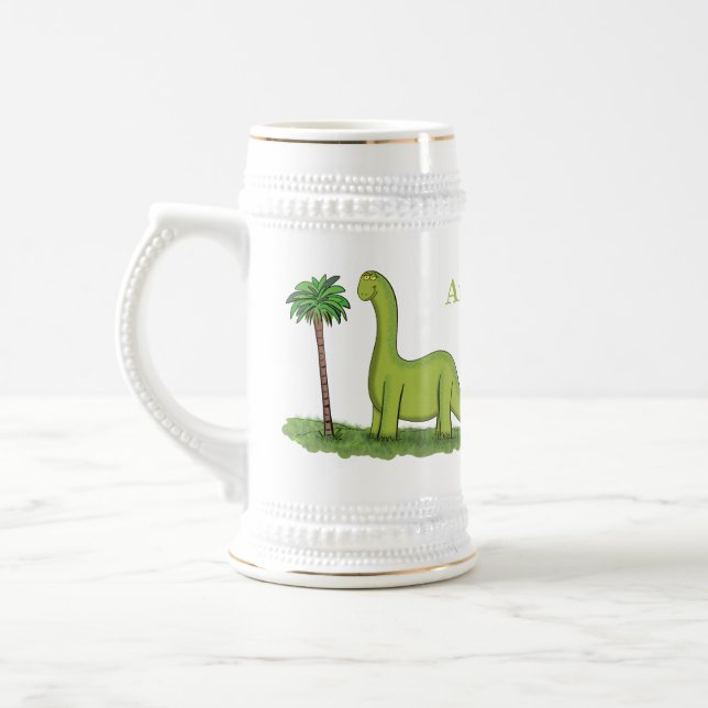 Cute happy green brontosaurus dinosaur cartoon beer stein (Left)