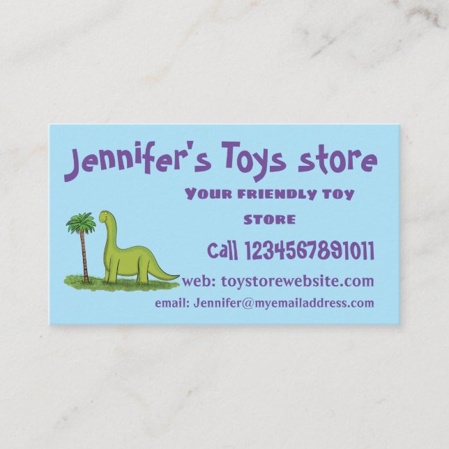 Cute happy green brontosaurus dinosaur cartoon business card (Front)