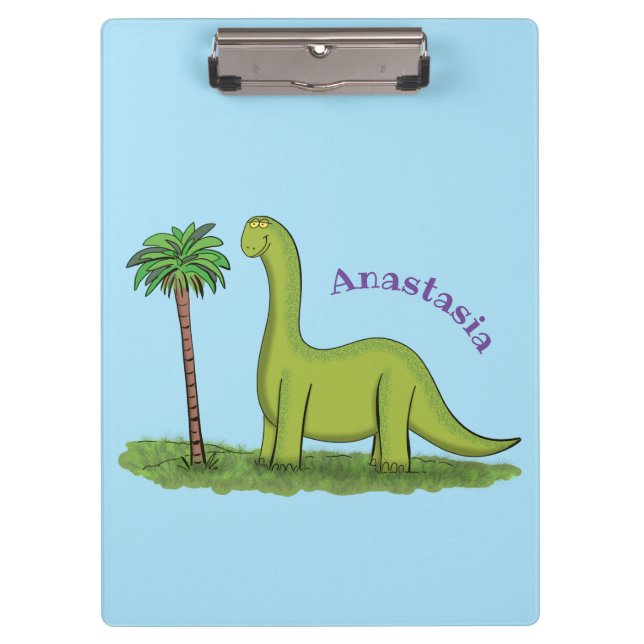 Cute happy green brontosaurus dinosaur cartoon clipboard (Front)