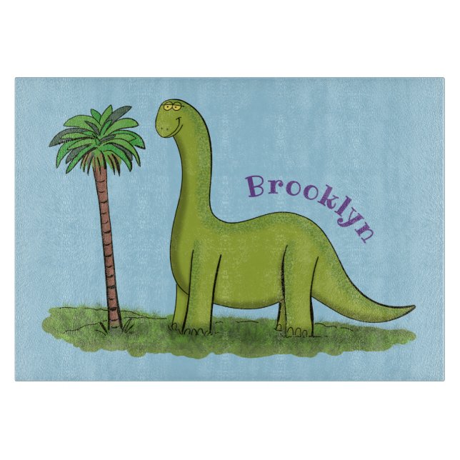 Cute happy green brontosaurus dinosaur cartoon cutting board (Front)