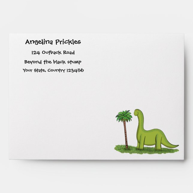 Cute happy green brontosaurus dinosaur cartoon envelope (Front)