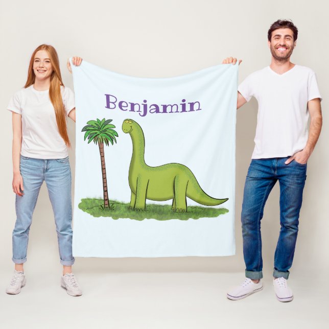 Cute happy green brontosaurus dinosaur cartoon fleece blanket (In Situ)