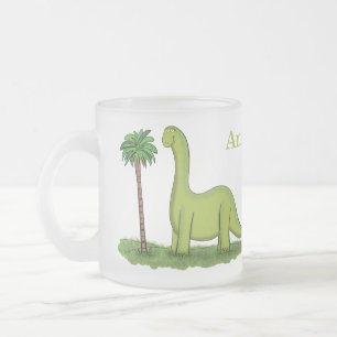 Cute happy green brontosaurus dinosaur cartoon frosted glass coffee mug
