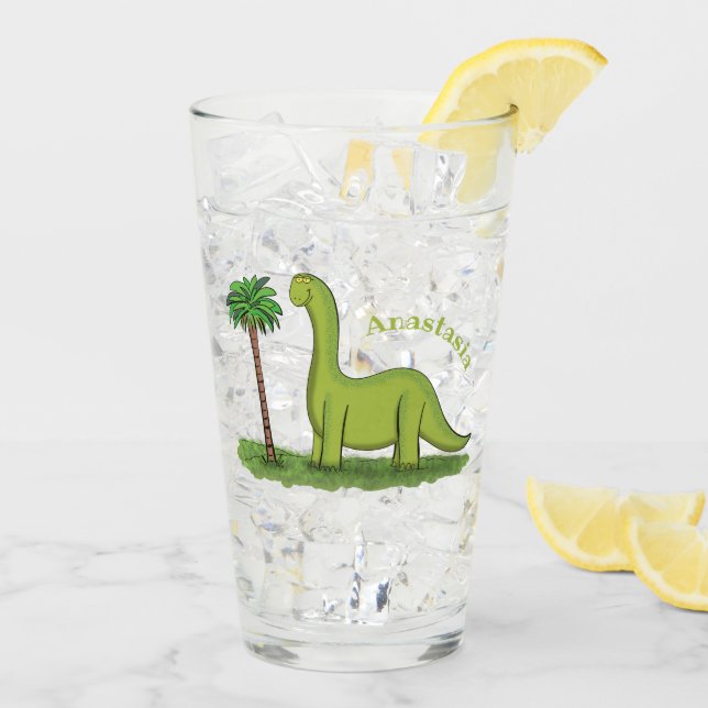 Cute happy green brontosaurus dinosaur cartoon glass (Back Ice)